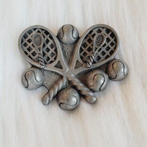 VINtage Pewter Tennis Racquets Balls 1.75" Brooch Earring Set Removable 12514